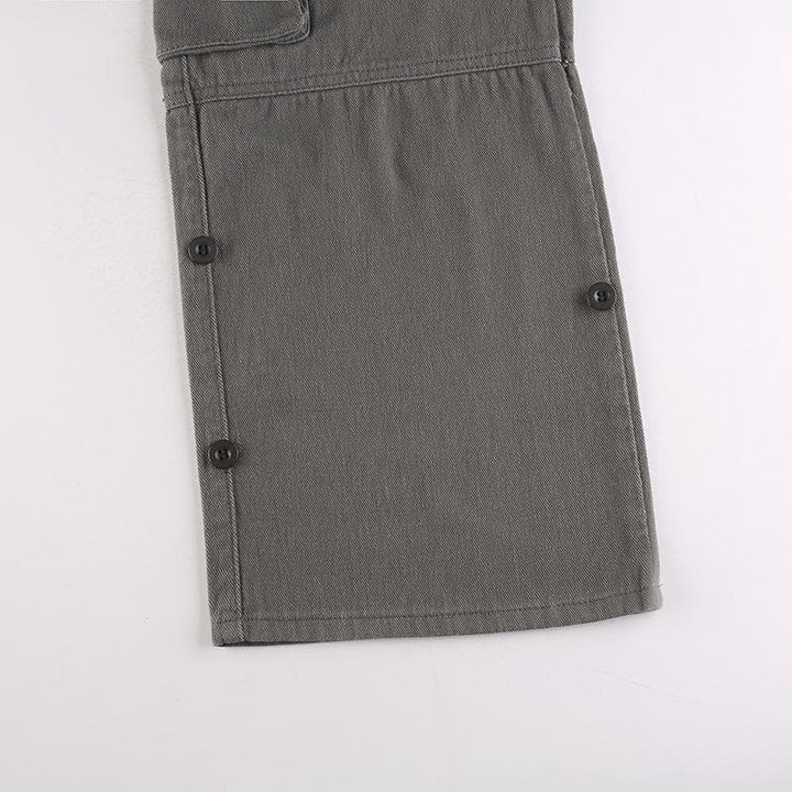 Tie waist pocket button solid straight leg cargo jeans Parachute pants