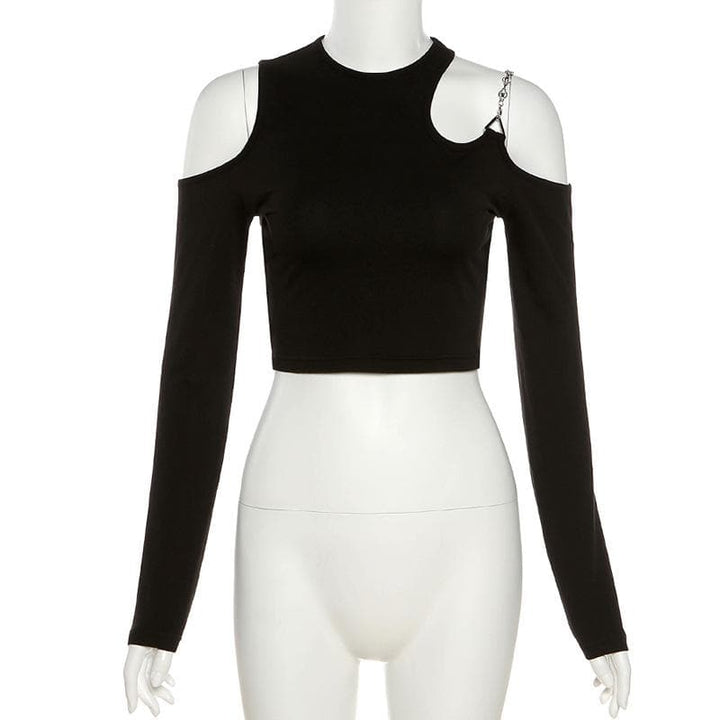 Long sleeve off shoulder metal chain crewneck solid crop top