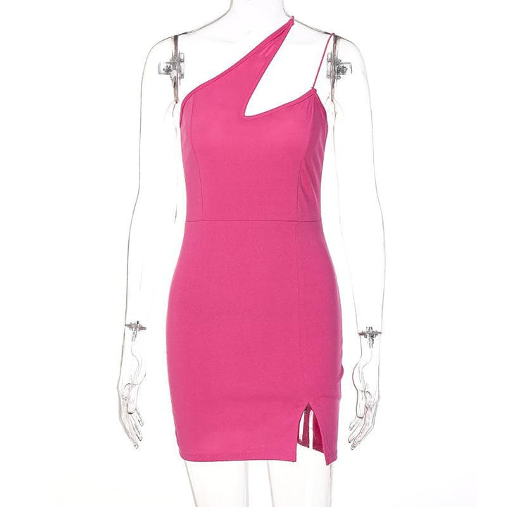 Hollow out slit solid sleeveless one shoulder backless cut out mini dress