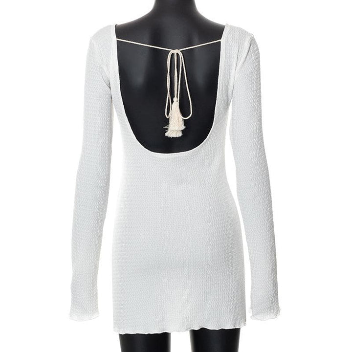 Textured solid self tie backless long sleeve ruffle mini dress