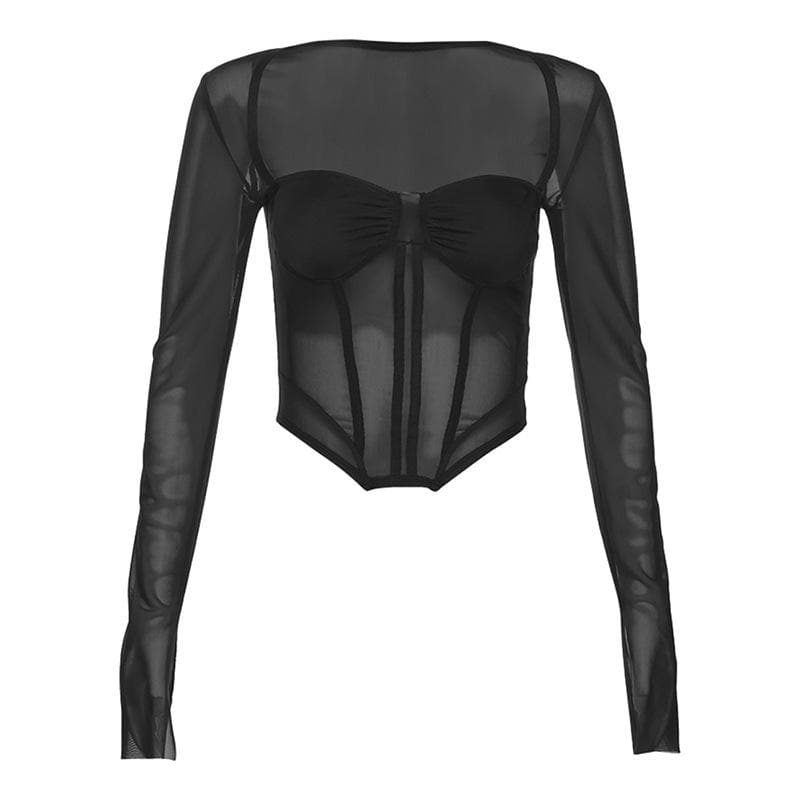 Corset mesh long sleeve solid ruched square neck crop top | Mesh Long Sleeve Crop Top  | Festival Outfits Women
