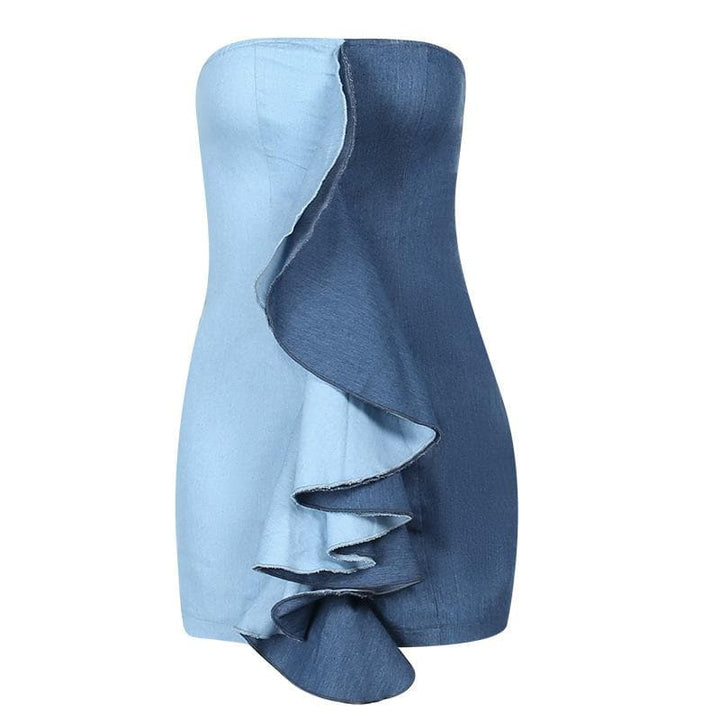 Ruffle contrast patchwork denim backless tube mini dress  | Festival Outfits Women
