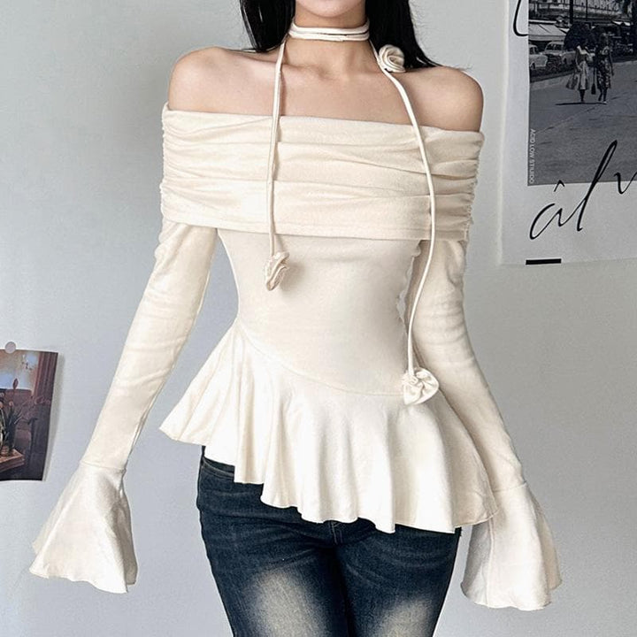 Off shoulder ruffle flower applique long flared sleeve ruched top  | Festival Outfits Women