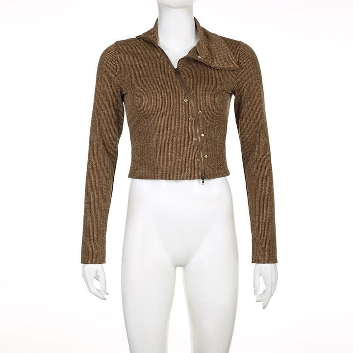 Textured irregular turnover collar zip-up long sleeve crop top