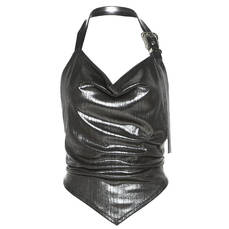 Metallic cowl neck buckle halter ruched backless top  | Festival Outfits Women