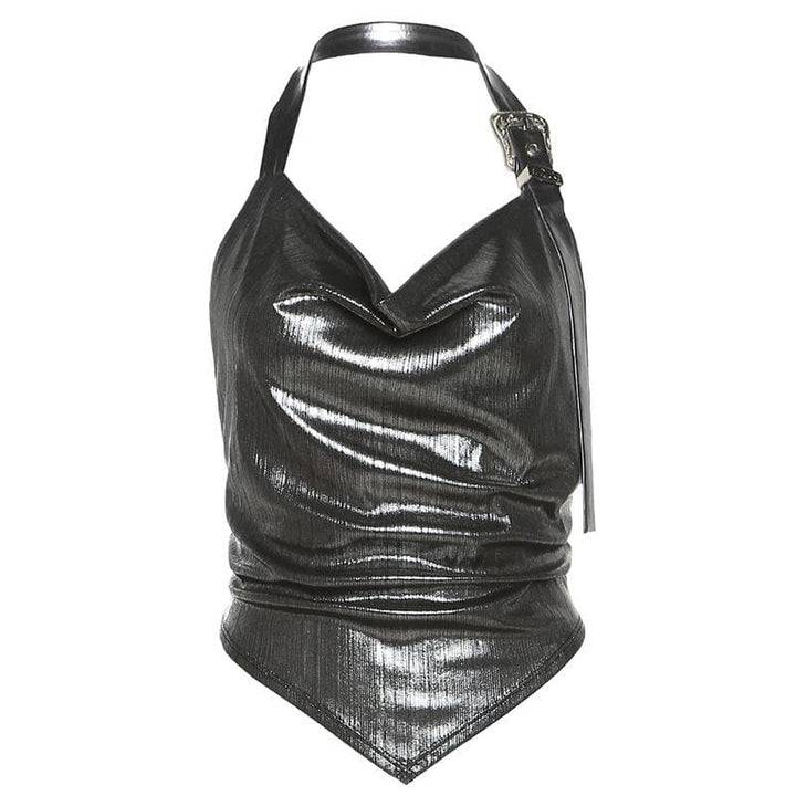 Metallic cowl neck buckle halter ruched backless top  | Festival Outfits Women