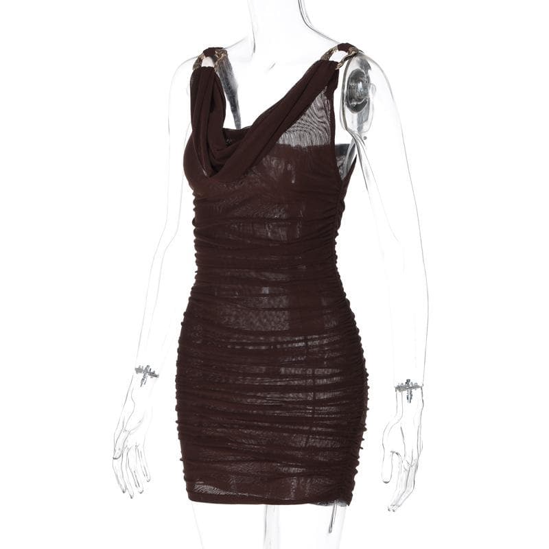 Cowl neck ruched o ring sheer mesh bowknot ribbon backless cami mini dress  | Festival Outfits Women