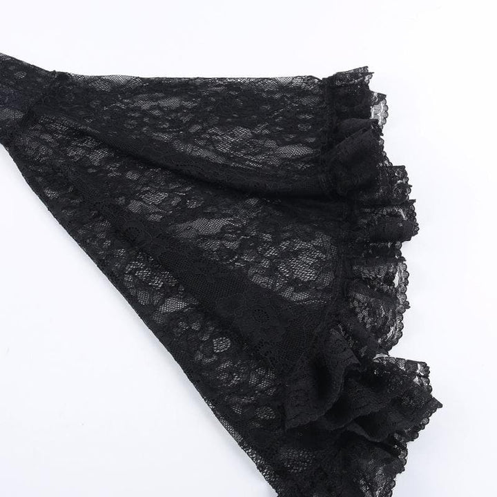 Long flared sleeve velvet lace patchwork ruffle lace up crop top  | Festival Outfits Women