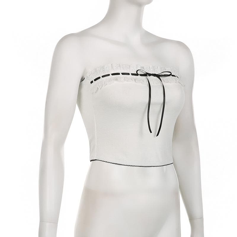 Contrast stitch lace hem self tie backless tube crop top