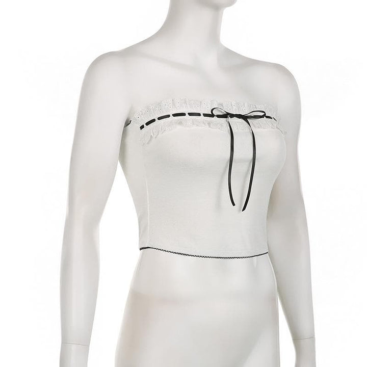 Contrast stitch lace hem self tie backless tube crop top