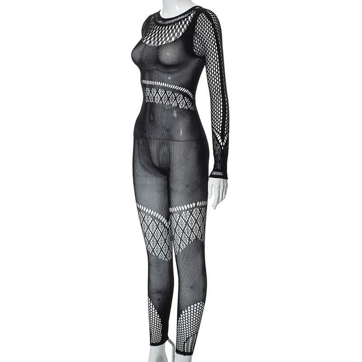 Hollow out solid fishnet long sleeve jumpsuit  | Festival Outfits Women