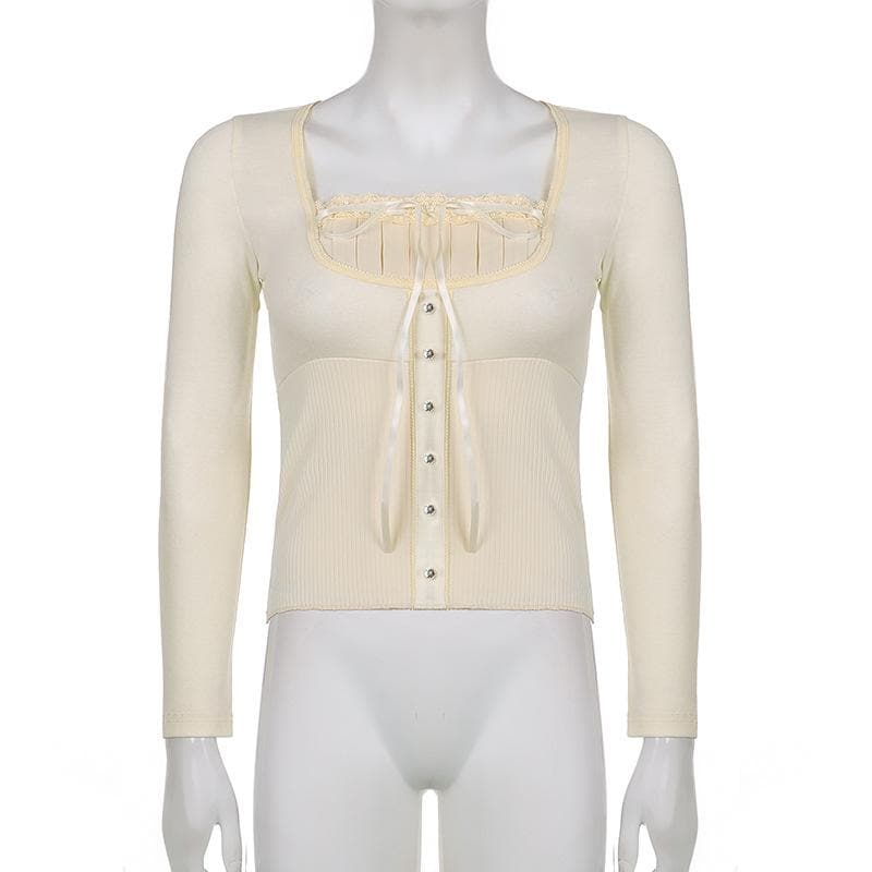 Solid long sleeve lace hem button self tie top