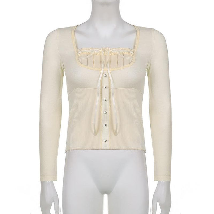 Solid long sleeve lace hem button self tie top