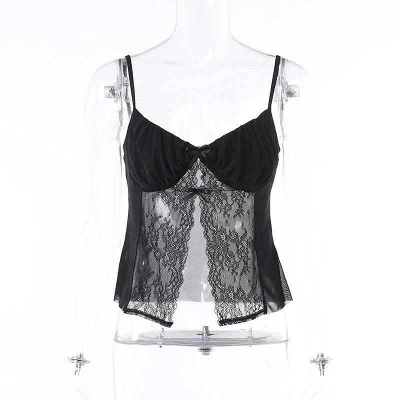 Lace patchwork ruched solid v neck slit cami crop top-final-sale