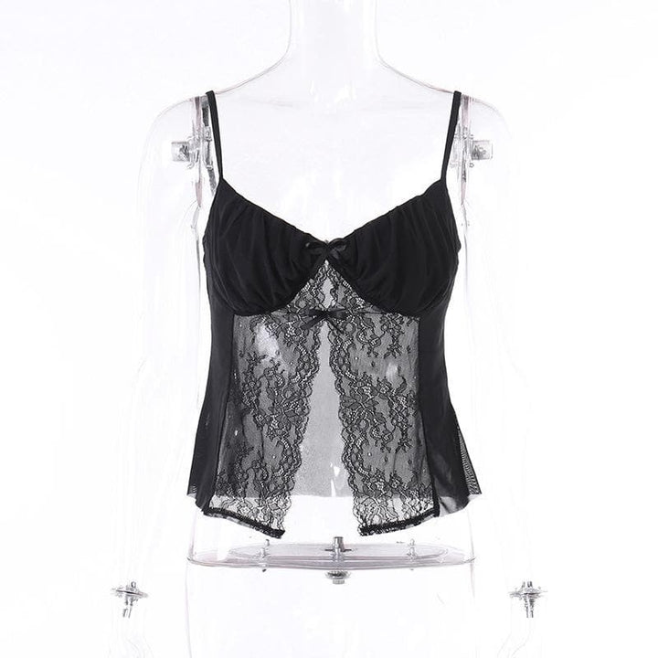 Lace patchwork ruched solid v neck slit cami crop top-final-sale