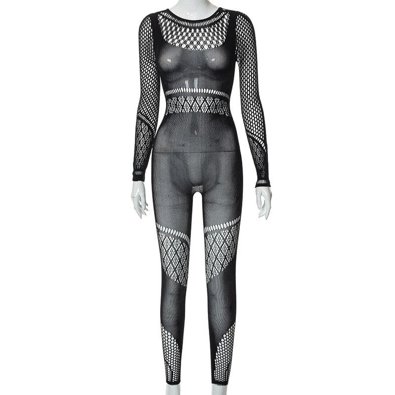 Hollow out solid fishnet long sleeve jumpsuit  | Festival Outfits Women