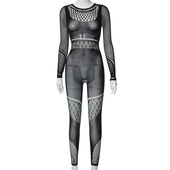 Hollow out solid fishnet long sleeve jumpsuit  | Festival Outfits Women