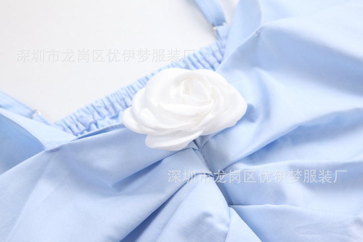 Rose applique ruched smocked solid bowknot cami top