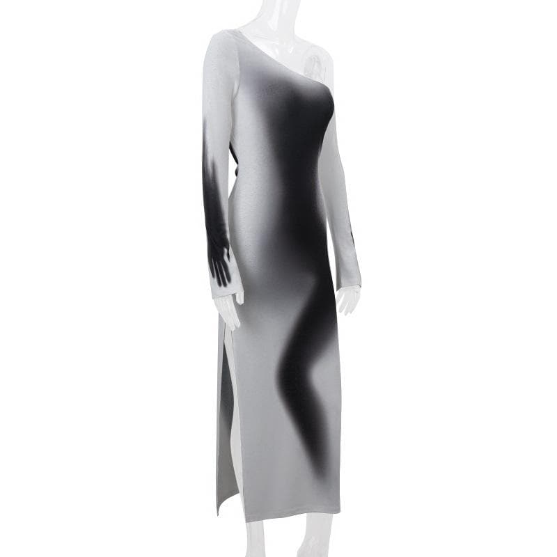 Long sleeve one shoulder ruched palm print gradient slit maxi dress- Final Sale  | Festival Outfits Women