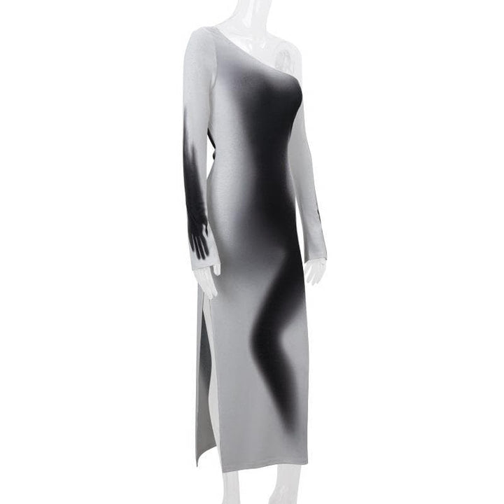 Long sleeve one shoulder ruched palm print gradient slit maxi dress- Final Sale  | Festival Outfits Women