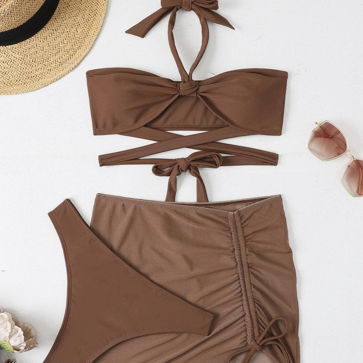 Knotted cross tie 3 piece bikini set - Halibuy
