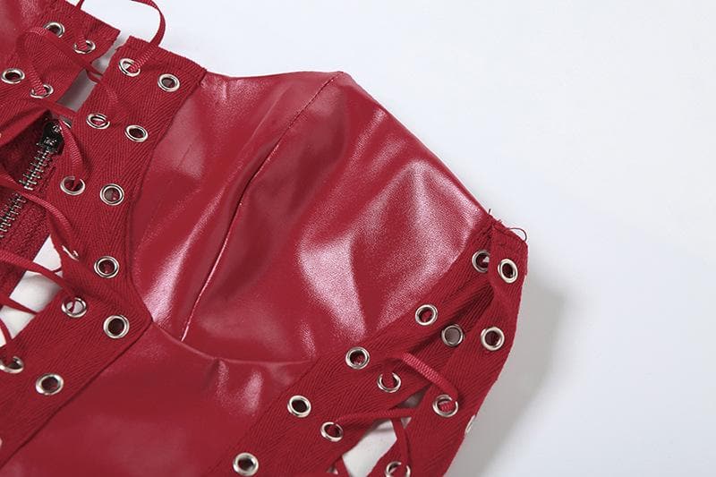 Lace up zip-up PU leather solid corset tube top  | Festival Outfits Women