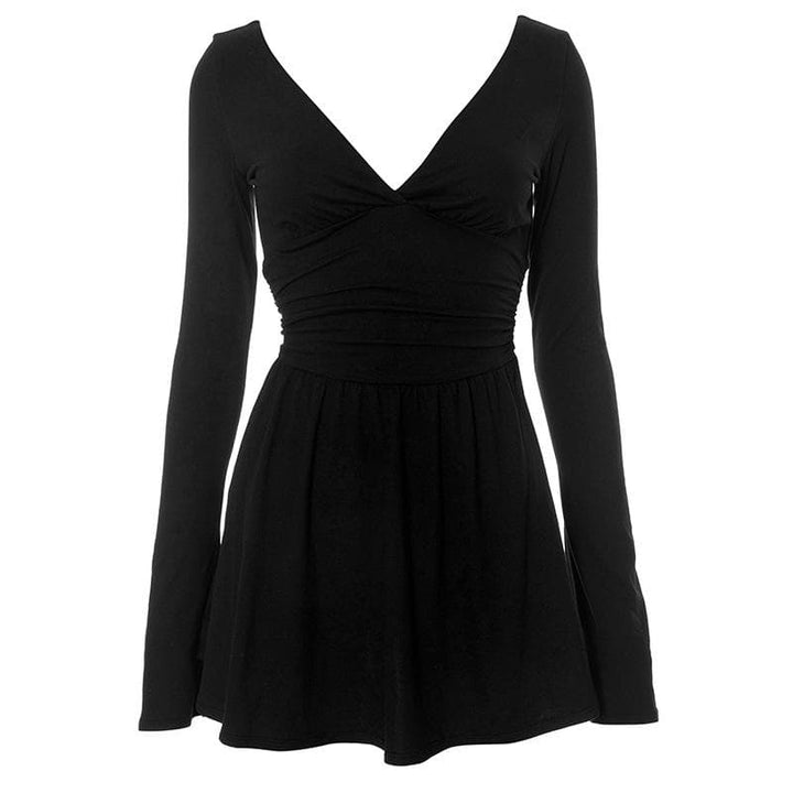 Long flared sleeve backless v neck ruched solid mini dress  | Festival Outfits Women