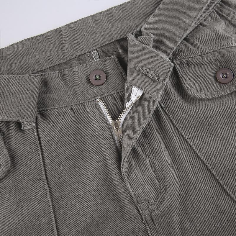 Tie waist pocket button solid straight leg cargo jeans Parachute pants