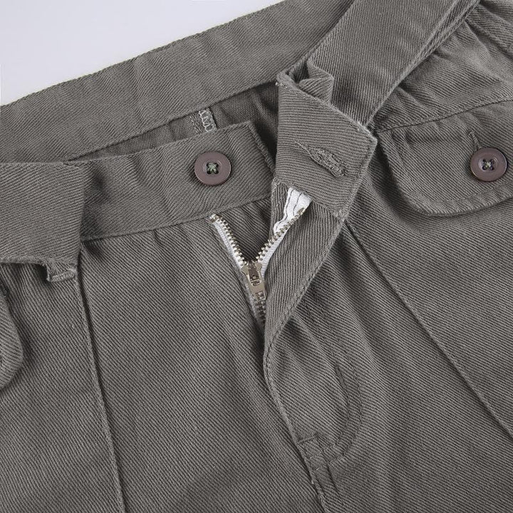 Tie waist pocket button solid straight leg cargo jeans Parachute pants