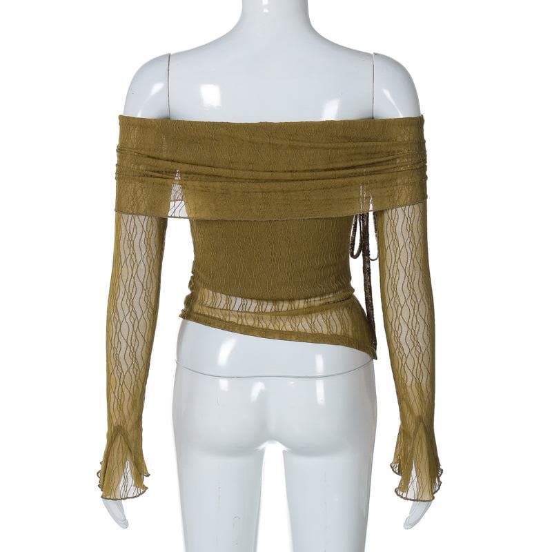 Long flared sleeve off shoulder drawstring ruched mesh top  | Festival Outfits Women