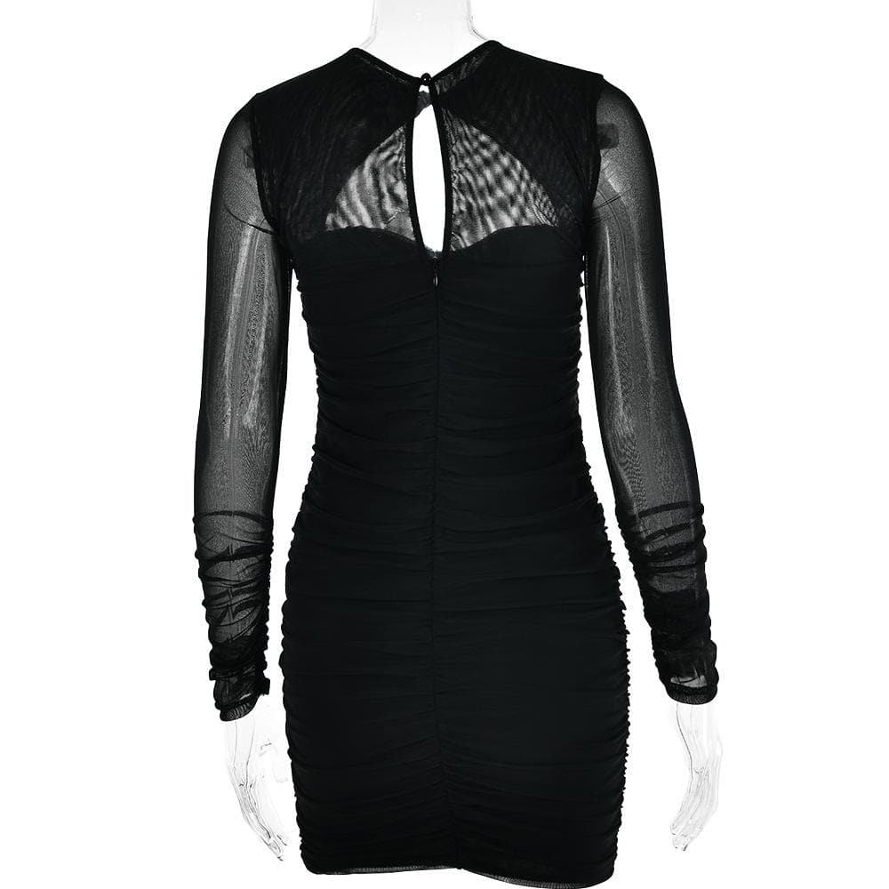 Hollow out ruched mesh long sleeve zip-up button cut out mini dress