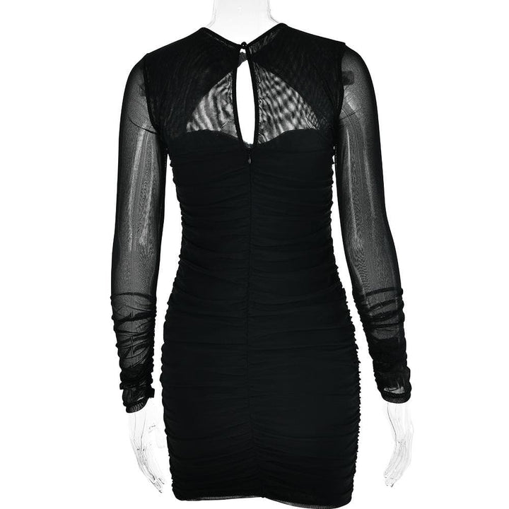 Hollow out ruched mesh long sleeve zip-up button cut out mini dress
