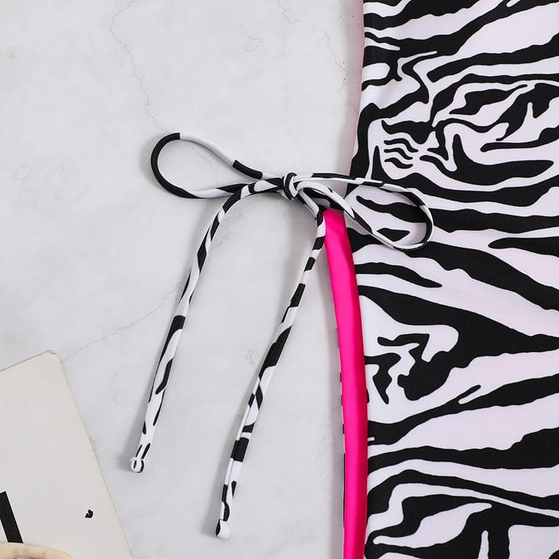 Kayan ninkaya na Zebra da aka buga v na wuyan hannu mai bambanci da ɗaure kai ba tare da baya ba, babu kayan ninkaya ɗaya