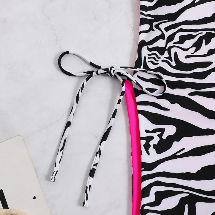 Kayan ninkaya na Zebra da aka buga v na wuyan hannu mai bambanci da ɗaure kai ba tare da baya ba, babu kayan ninkaya ɗaya