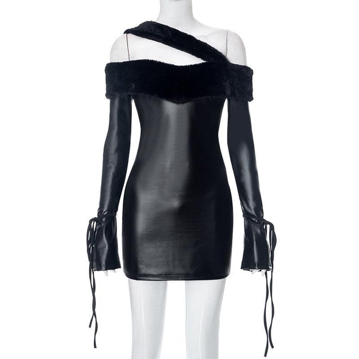 Long sleeve off shoulder PU leather furry solid mini dress