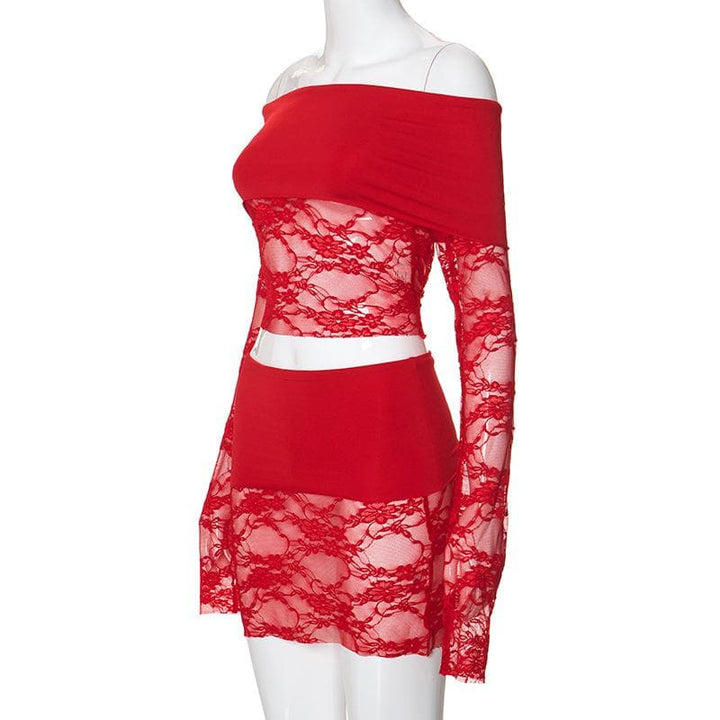 Long sleeve off shoulder lace see through mini skirt set  | Festival Outfits Women