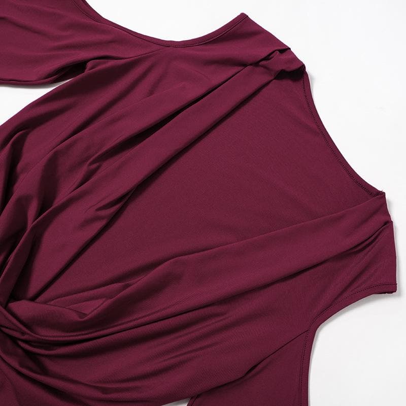 Long flared sleeve off shoulder cowl neck ruched solid mini dress  | Festival Outfits Women