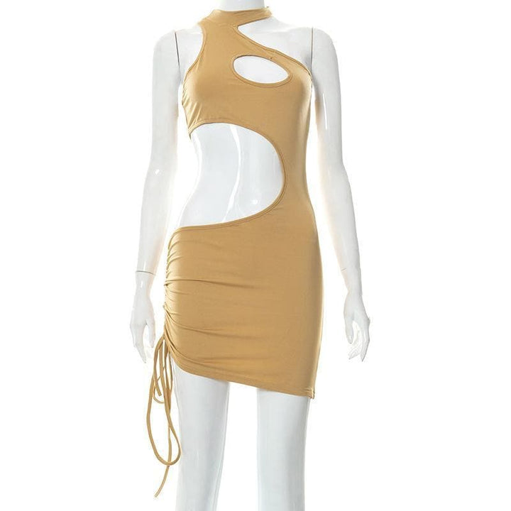 Hollow out irregular solid ruched dress - Halibuy