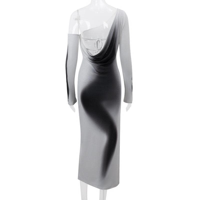 Long sleeve one shoulder ruched palm print gradient slit maxi dress- Final Sale  | Festival Outfits Women