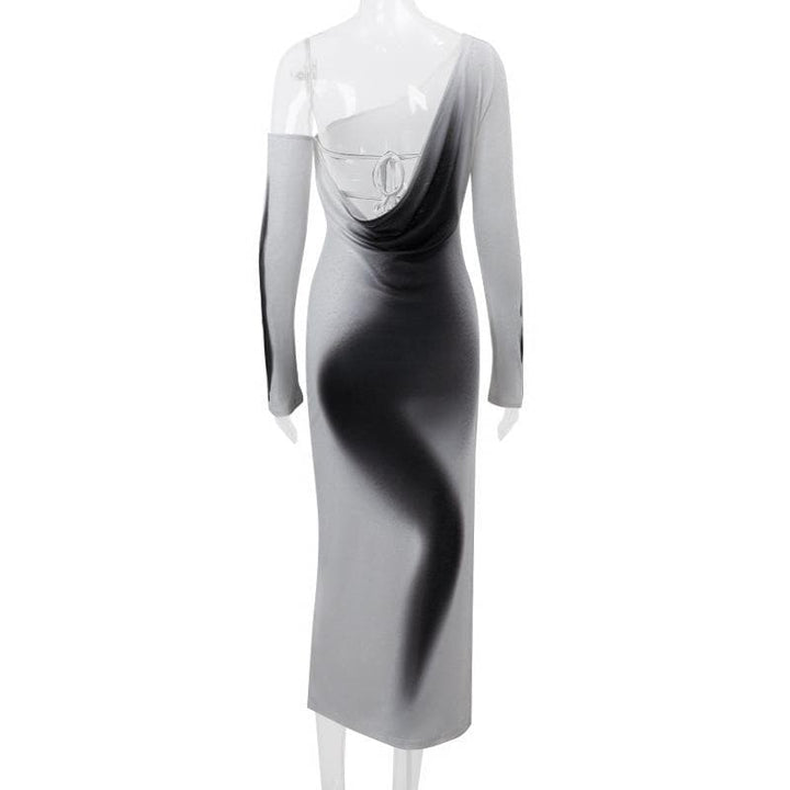 Long sleeve one shoulder ruched palm print gradient slit maxi dress- Final Sale  | Festival Outfits Women