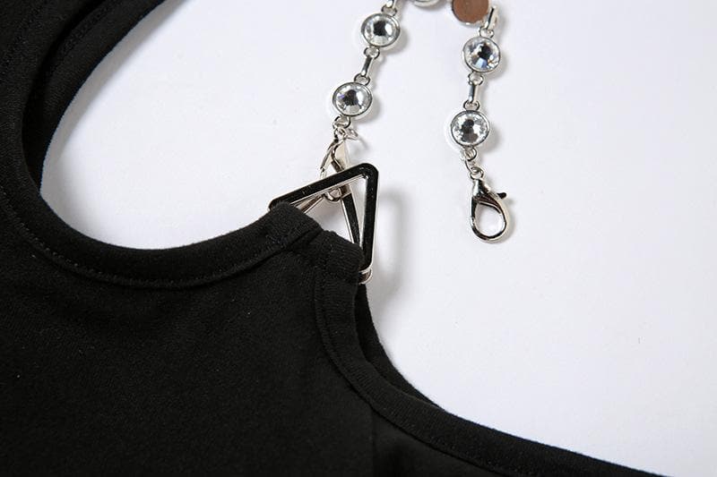 Long sleeve off shoulder metal chain crewneck solid crop top