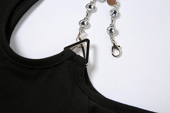 Long sleeve off shoulder metal chain crewneck solid crop top