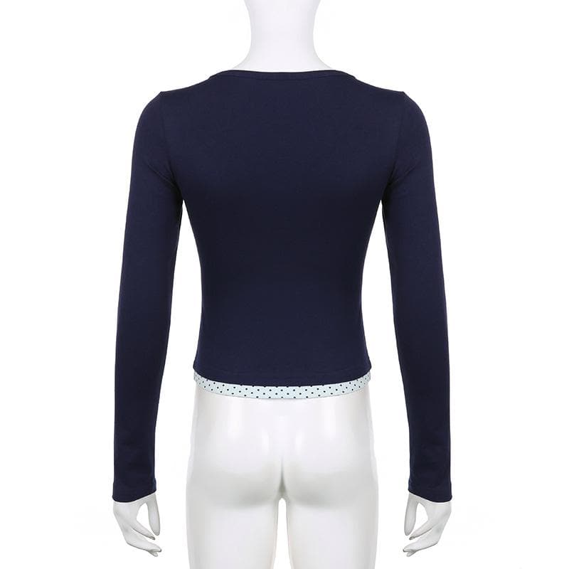 Polka dot patchwork long sleeve lace hem button top  | Festival Outfits Women