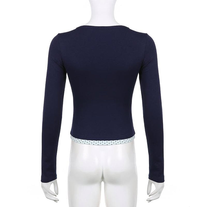 Polka dot patchwork long sleeve lace hem button top  | Festival Outfits Women