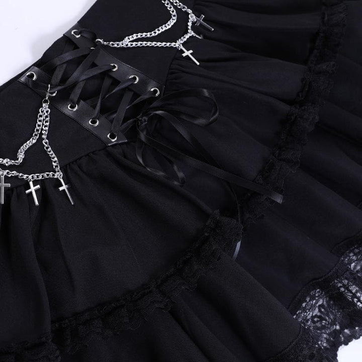 Ruched lace hem metal chain lace up zip-up mini skirt | victorian gothic dresses  | Festival Outfits Women