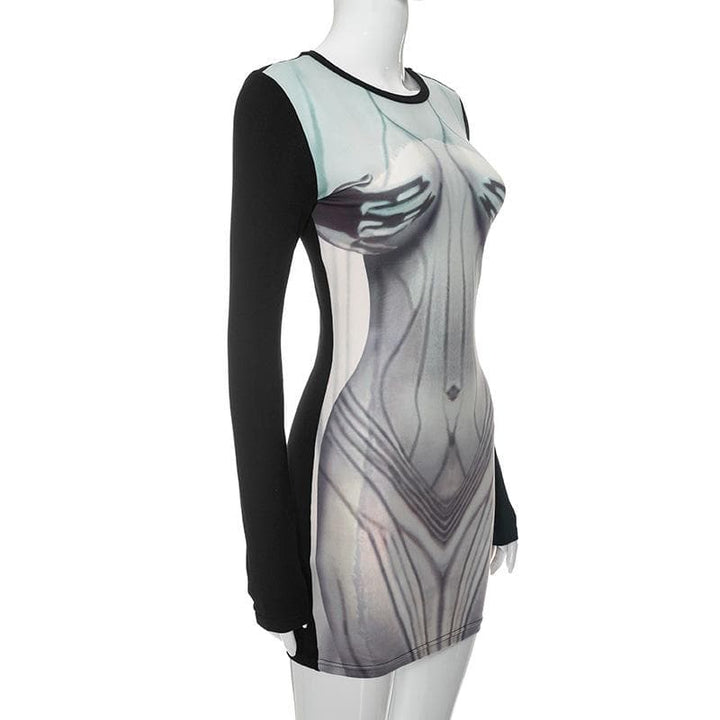 Body print contrast long sleeve round neck mini dress  | Festival Outfits Women