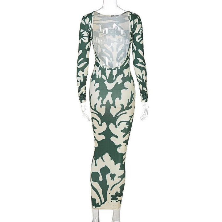 Long sleeve backless print midi dress - Halibuy