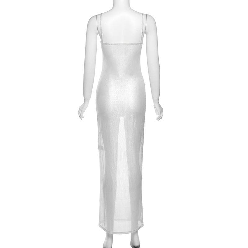sheer mesh cami dress Sheer mesh see through backless solid cami maxi dress – Halibuy