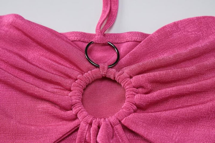 Hollow out solid o ring halter self tie backless cut out mini dress