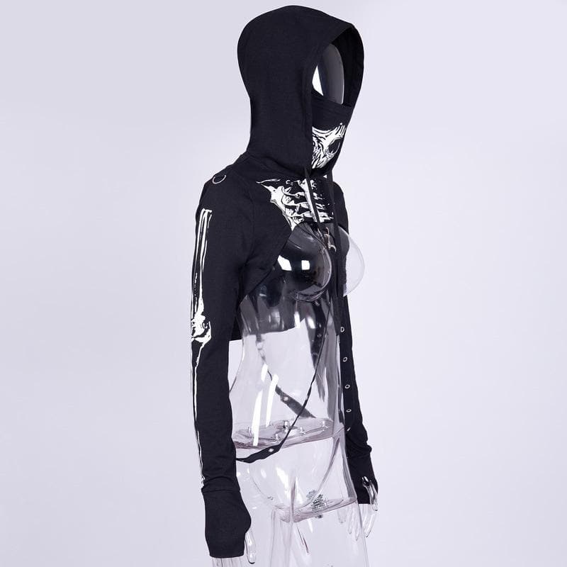 Long sleeve hoodie skeleton print buckle gloves contrast shrug top  | Festival Outfits Women